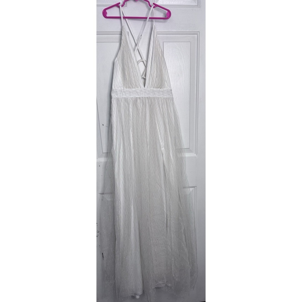 White S Metallic Grid Sparkle Deep V Neck Maxi Gown Fairy Wedding 1920s Art Deco - Picture 2 of 13